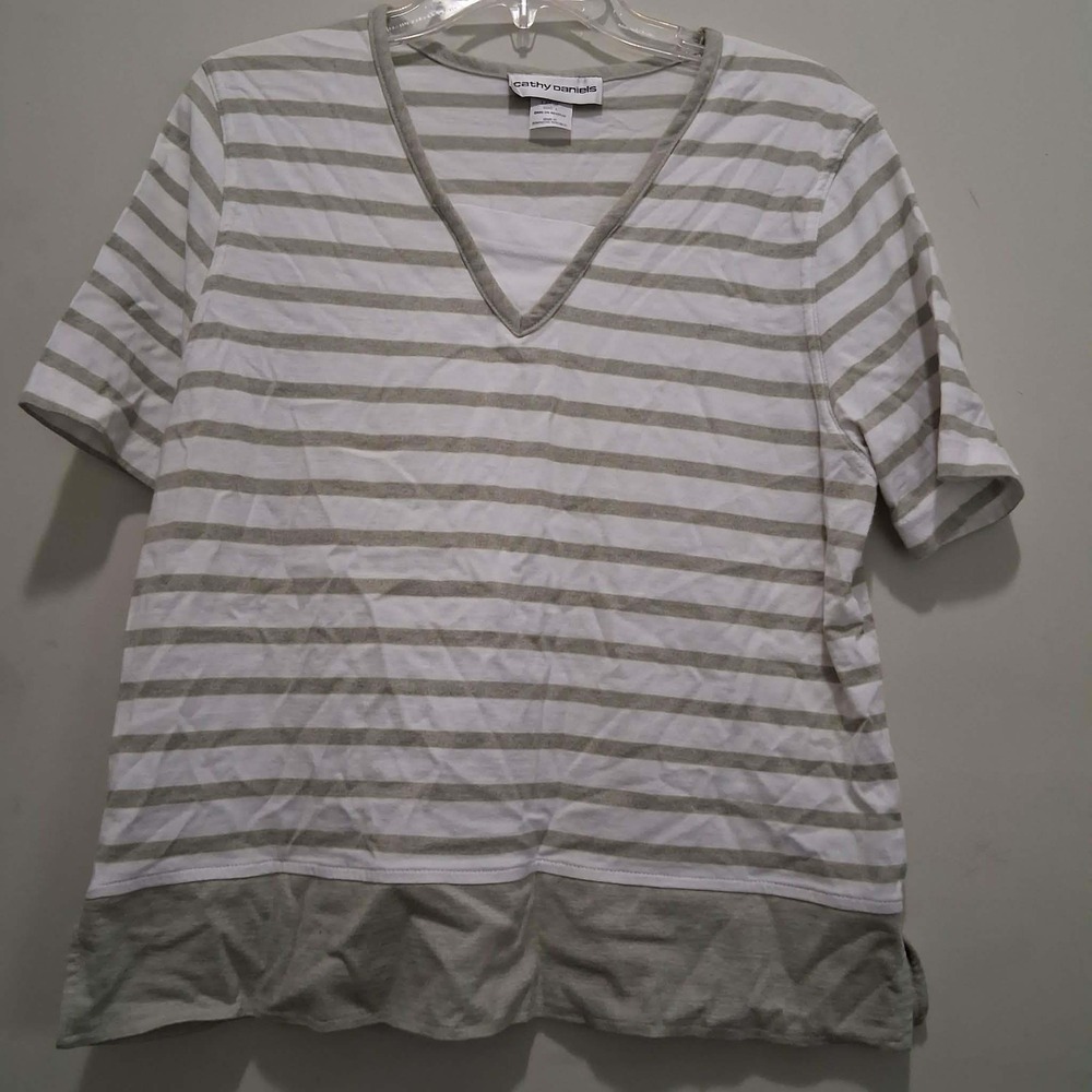 Vtg Cathy Daniels Womens Large V-Neck Striped Short Sleeve Top Green White